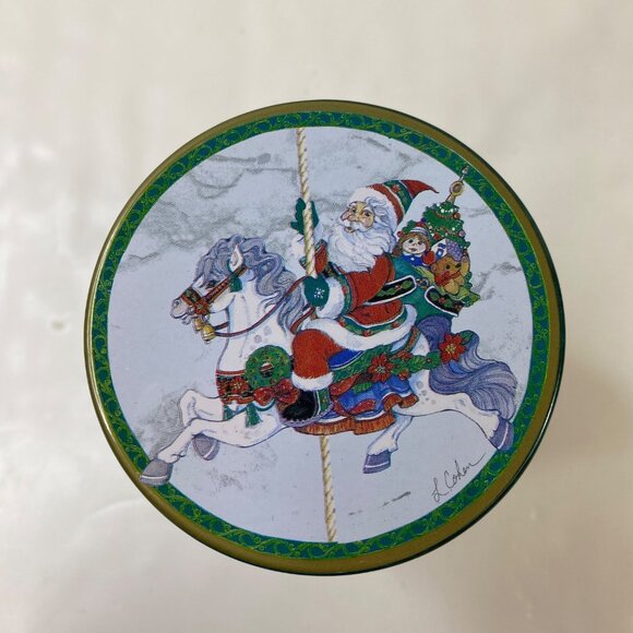 Set Of 2 Vintage Christmas Santa Claus Carousel Window Tin Canisters With Lids - Picture 3 of 16